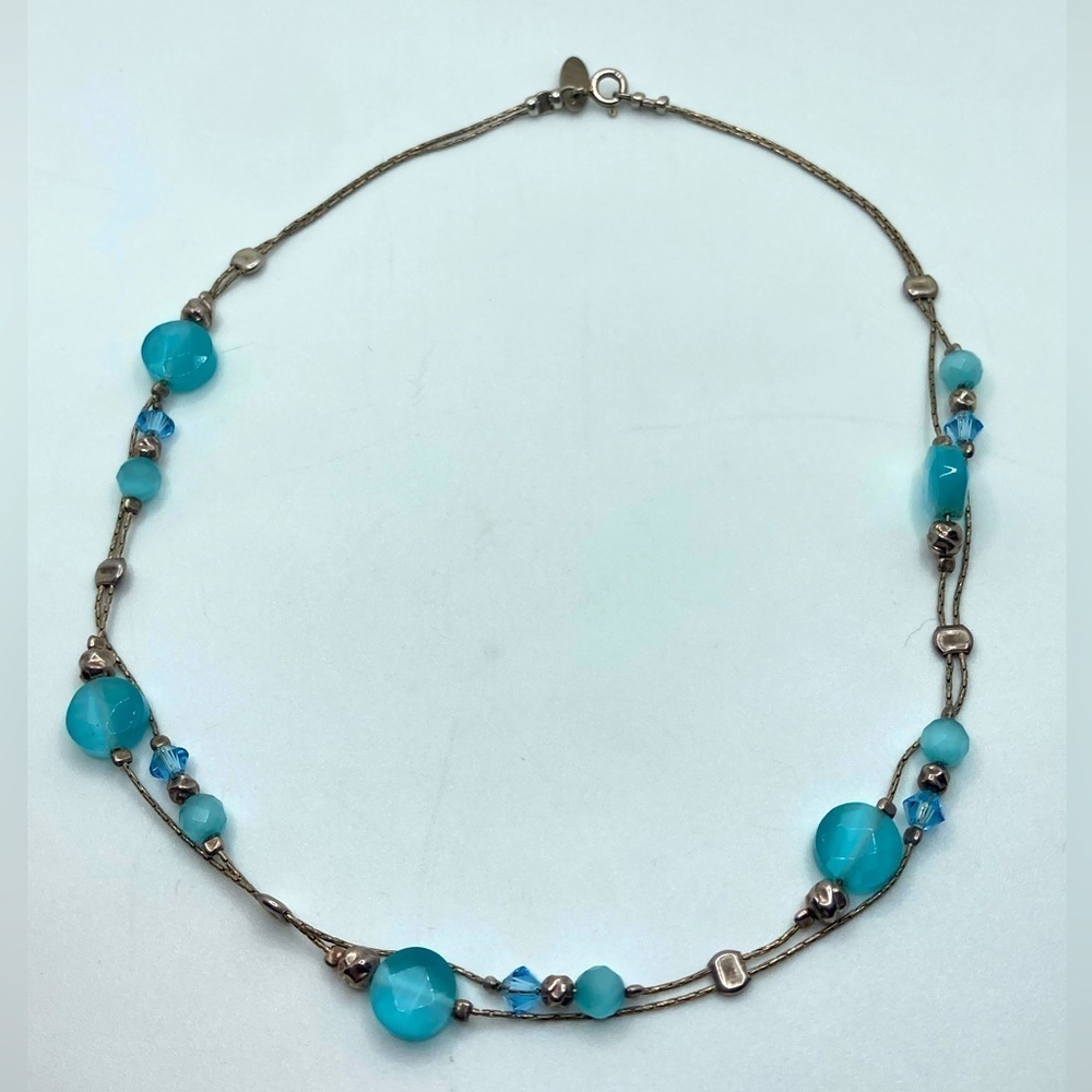 VTG Magnolia 925 Double Strand Sterling Silver Necklace w Cat Eye Quartz 16”